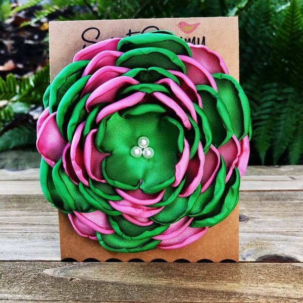 Large Satin Flower Pin, Green and Pink Satin Flower, Satin Flower Pin, AKA, 34 Colors, Flower Brooch