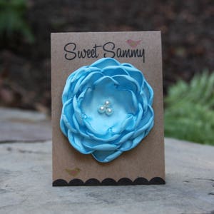 Ocean Blue Satin Flower Pin, Medium, 34 Colors Satin Flower Pin, Ocean Blue Satin Flower Brooch