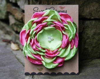 34 Colors Large Satin Flower Pin, Lime Green and Pink Satin Flower Pin