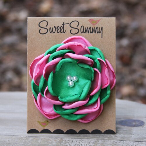 Medium Satin Flower Pin Pink and Green Satin Flower Pin AKA Etsy