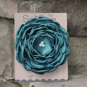 Teal Satin Flower Pin, Large, 34 Colors, Satin Flower Brooch
