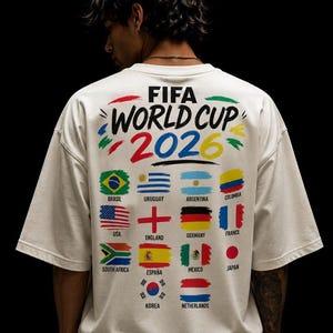 Puede incluir: Una camiseta color hueso con el texto FIFA WORLD CUP 2026 en letras estilo pincelada negras, rojas y amarillas. Debajo del texto hay doce banderas nacionales dispuestas en una cuadrícula, con el nombre de cada país impreso en negro.