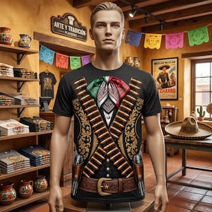 Puede incluir: Una camiseta gris carbón con un estampado gráfico de un traje tradicional de charro mexicano. El diseño incluye dos cananas cruzadas llenas de balas, un pañuelo rojo, blanco y verde, y un cinturón de cuero marrón con dos fundas de pistola.