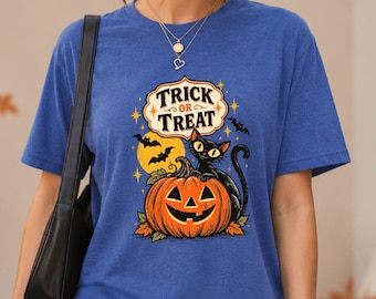 Vintage Halloween Shirt, Black Cat Pumpkin Tee, Retro Trick or Treat T-Shirt, Graphic Tee, Spooky Season Shirt