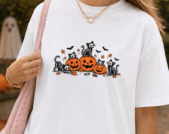Vintage Halloween Shirt,Skeleton Cat Pumpkin Halloween Shirt, Black Cat Pumpkin Tee, Graphic Tee, Spooky Season Shirt