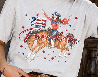 Retro 250 Years of Freedom Cowgirl Horse Tshirt, 1776-2026 Cowgirl Shirt, Fourth of July Tee, Patriotic Shirt, Cowgirl Gift
