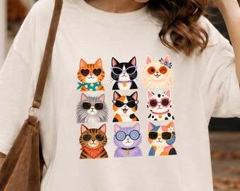 Retro Cat Shirt, Cool Cats Sunglasses Tee, Groovy Cat Mom Gift, Funky 70s Kitty Graphic, Colorful Cat Lover Aesthetic Tee