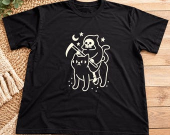 Girls Halloween Grim Reaper Cat Shirt, Sequin Cat Graphic Tee, Spooky Halloween Shirt, Cute Gothic Cat T-Shirt, Size S-5XL