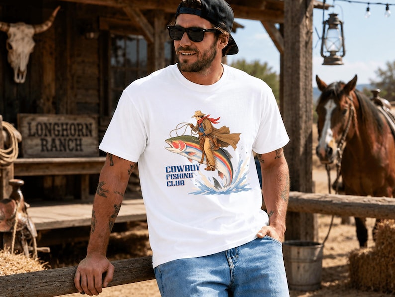 May include: A white short-sleeved t-shirt featuring a graphic illustration of a cowboy riding a large rainbow trout like a horse. The design includes the text "COWBOY FISHING CLUB" in blue lettering below the fish, with water splashing at the base.