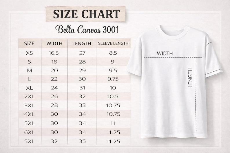 May include: A white t-shirt size chart for Bella Canvas 3001, featuring a table with columns for size, width, length, and sleeve length in inches, alongside a diagram of a plain white t-shirt with dashed lines indicating where width and length are measured.
