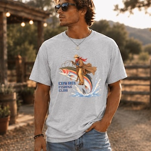 Cowboy Riding Rainbow Trout T-Shirt | Genuine Bella Canvas | Cowboy Fishing Club Rodeo Graphic Tee image 4