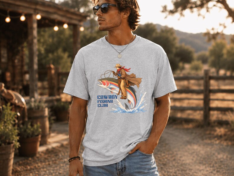 Cowboy Riding Rainbow Trout T-Shirt | Genuine Bella Canvas | Cowboy Fishing Club Rodeo Graphic Tee image 4