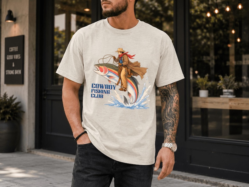 May include: A beige short-sleeve t-shirt featuring a graphic print of a cowboy riding a large rainbow trout like a horse. The cowboy wears a hat, brown coat, and red scarf. Below the illustration, the text reads COWBOY FISHING CLUB in blue.