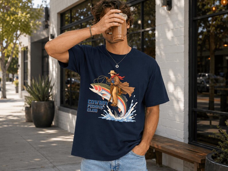 May include: A navy blue short-sleeve t-shirt featuring a graphic illustration of a cowboy riding a large rainbow trout. The cowboy wears a hat, duster, and red scarf. The text "COWBOY FISHING CLUB" is printed in blue letters below the fish.