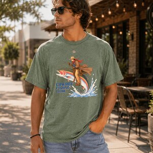 Cowboy Riding Rainbow Trout T-Shirt | Genuine Bella Canvas | Cowboy Fishing Club Rodeo Graphic Tee image 3
