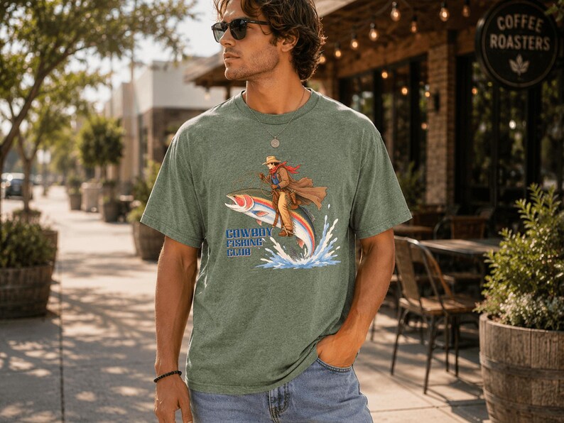 Cowboy Riding Rainbow Trout T-Shirt | Genuine Bella Canvas | Cowboy Fishing Club Rodeo Graphic Tee image 3