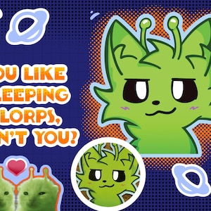 Op de afbeelding: Een digitale illustratie met een groen, buitenaards wezen met grote ogen en een zelfvoldane uitdrukking. De afbeelding bevat de tekst "YOU LIKE GLEEPING GLORPS, DON'T YOU?" samen met andere cartoon elementen op een blauwe achtergrond.