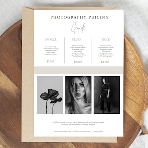 May include: A photography pricing guide with Bronze, Silver, and Gold packages. Each package details coverage hours, including rehearsal and engagement sessions. The guide includes black and white photos and contact details.