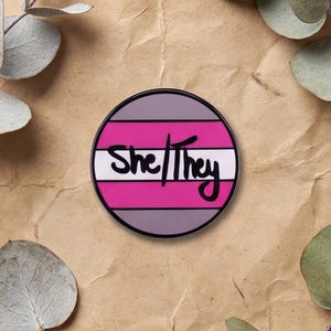 She/They Pronoun Pin | Demigirl Pride Enamel Badge | Gender Identity Accessory | She They Flag Colors | Inclusive LGBTQ+ Gift for Non-binary