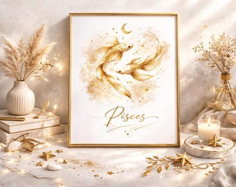 Arte de pared imprimible del zodiaco Piscis, póster astrológico dorado, decoración de pez koi celestial, regalo