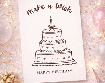 Tarjeta de cumpleaños imprimible / Pide un deseo / Descarga instantánea / Tarjeta de felicitación minimalista