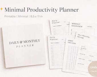 Planificador diario y mensual imprimible en PDF, calendario semanal mínimo, rastreador de hábitos, plantilla de organizador de productividad, descarga instantánea.