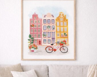 Arte mural imprimible de la ciudad de Ámsterdam, ilustración europea, decoración acogedora para viajes