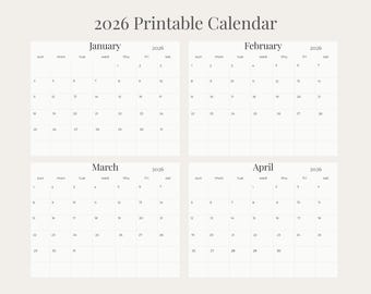 Calendario imprimible 2026 / Calendario de pared mensual minimalista / PDF de 12 meses / Inicio en domingo