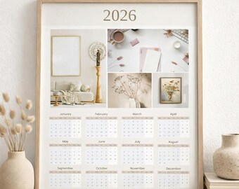 Calendario 2026 imprimible/editable en Canva con fotos/decoración minimalista para pared/descarga instantánea