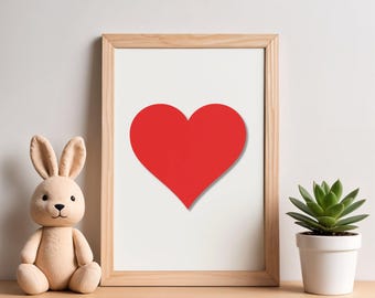 Póster imprimible minimalista de corazón rojo, decoración moderna de amor, descarga digital de estilo escandinavo.