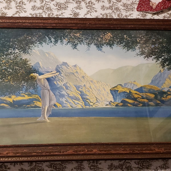 Atkinson Fox Woman arms out GARDEN Lakeside Mountains original Frame 34" x 21.5"