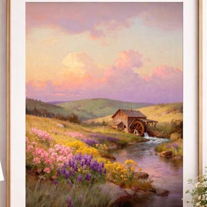 May include: Framed landscape art print depicting a serene scene with a watermill, river, and colorful wildflowers. The artwork features a wooden watermill, a flowing river, and vibrant pink, yellow, and purple wildflowers under a sunset sky.