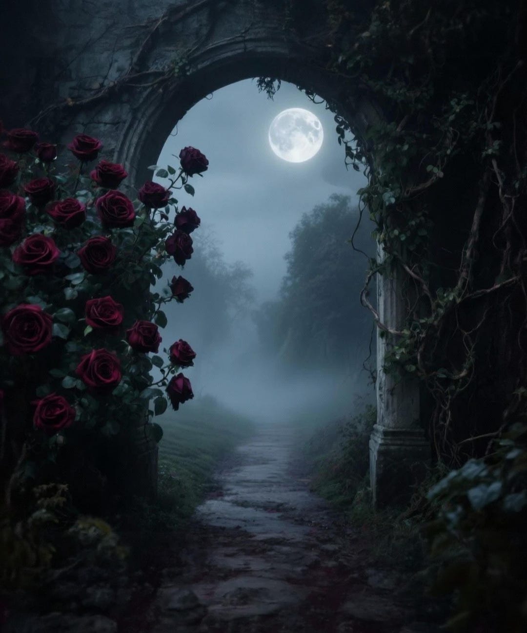 Gothic Style Path Gothic Rose Archway Print, Moonlit Garden Path, Dark Romantic Decor ...