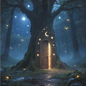 May include: A whimsical illustration of a tree with a carved wooden door, adorned with stars and a crescent moon. The door is slightly ajar, revealing a warm, inviting light. The scene is set in a dark forest with glowing fireflies and a starry night sky.