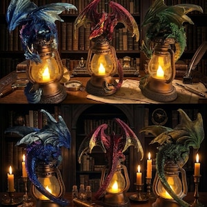 May include: Three decorative lanterns featuring sculpted dragons in blue, red, and green perched atop each base. Each lantern contains a glowing yellow LED light inside a clear glass globe, with detailed metallic-finish frames and dragon wings.