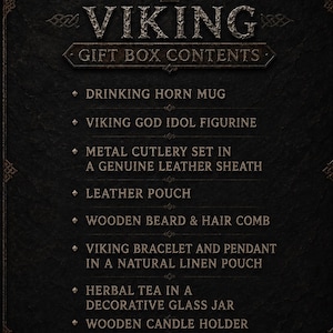 May include: A black informational sign with gold text listing Viking gift box contents: a drinking horn mug, Viking god idol figurine, metal cutlery in a leather sheath, leather pouch, wooden comb, bracelet, pendant, herbal tea, candle holder, and stickers.