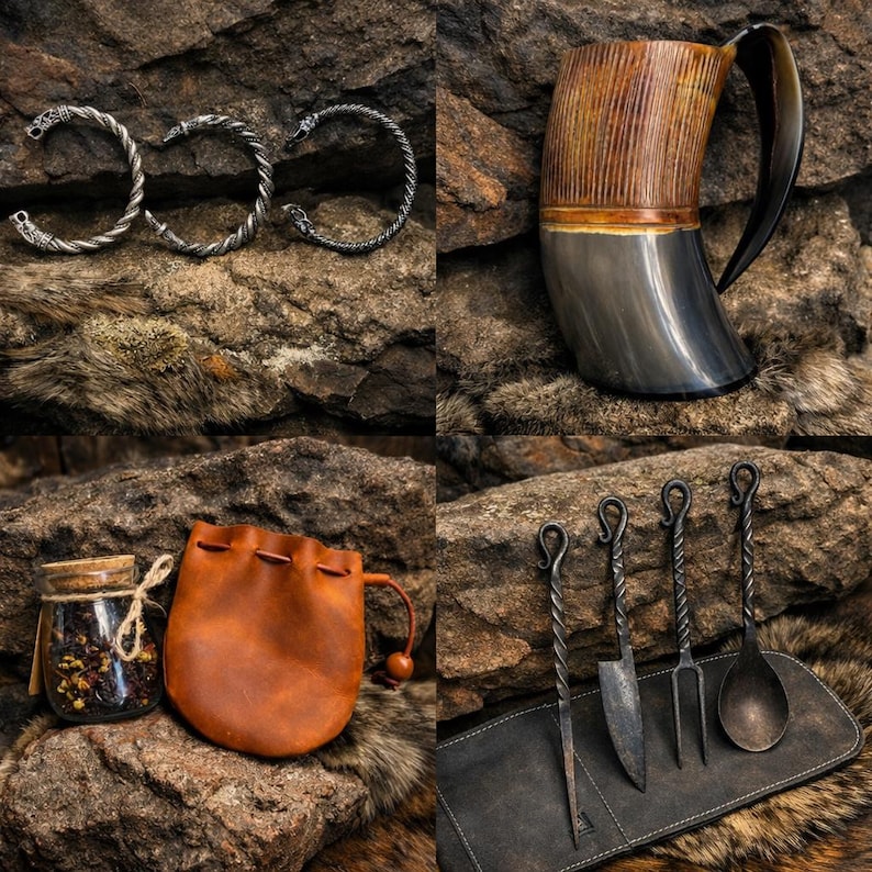 May include: Three silver-toned twisted metal bracelets with wolf head terminals, a polished horn drinking mug, a small brown leather drawstring pouch with a glass jar of dried herbs, and a set of four forged metal utensils on a leather roll.