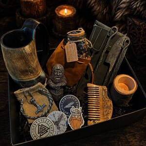 Viking Gift Box - Horn Mug, Norse God Figurine, Ancient Style Utensils | Norse Mythology Gift for Him & Her image 1