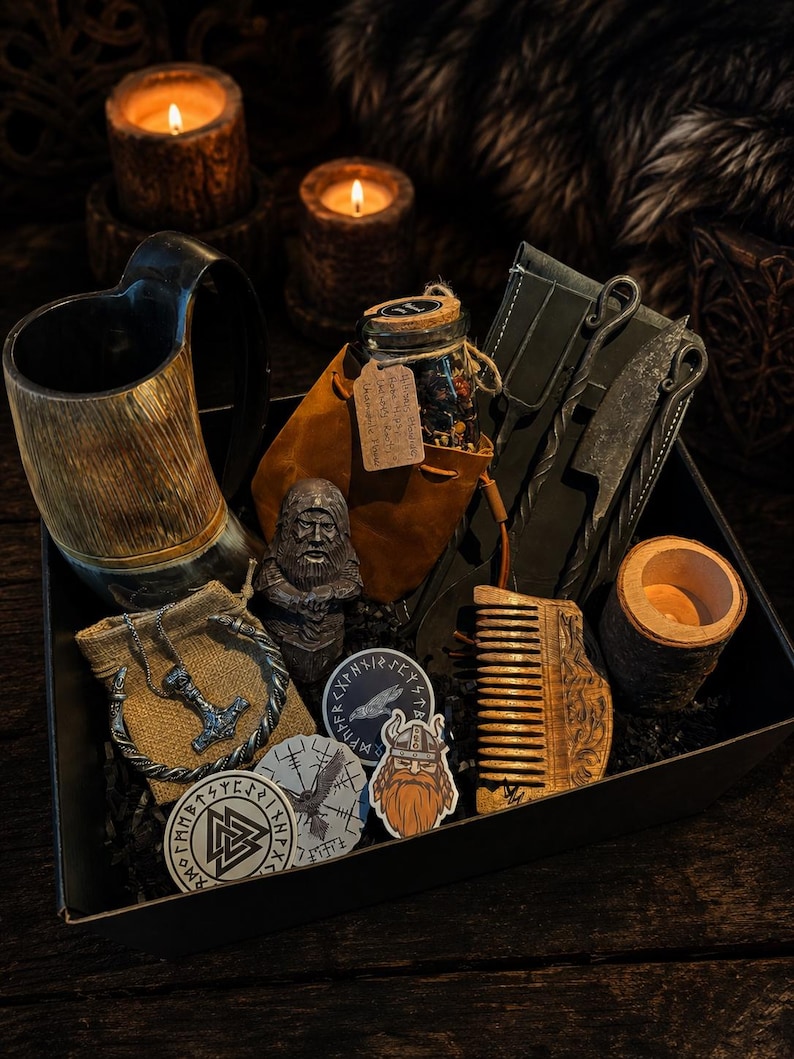 Viking Gift Box - Horn Mug, Norse God Figurine, Ancient Style Utensils | Norse Mythology Gift for Him & Her image 1
