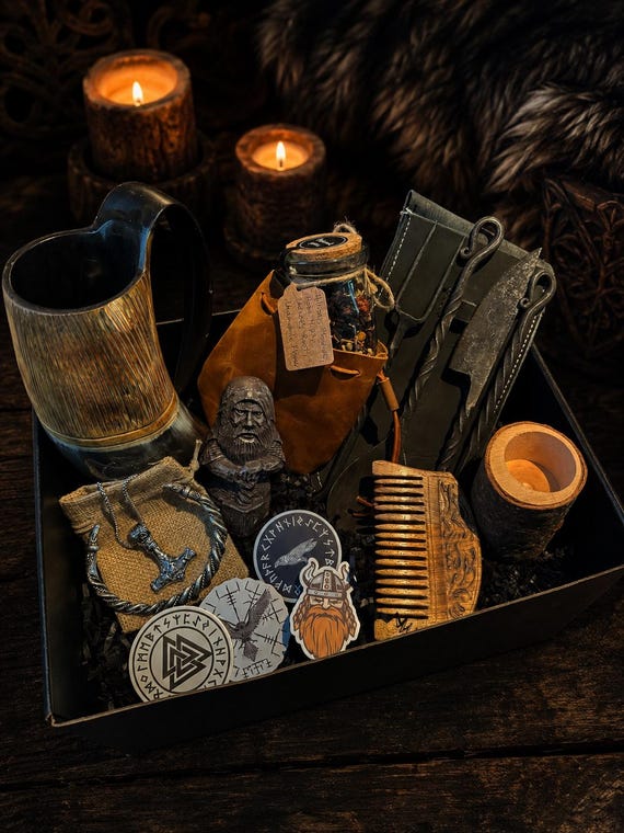 Viking Gift Box - Horn Mug, Norse God Figurine, Ancient Style Utensils | Norse Mythology Gift for Him & Her