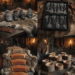 May include: A collection of items including four carved stone-like figurines, a black display box containing multiple silver-toned metal hammer pendants on chains, five wooden combs with decorative carvings, and several cylindrical wooden cups.