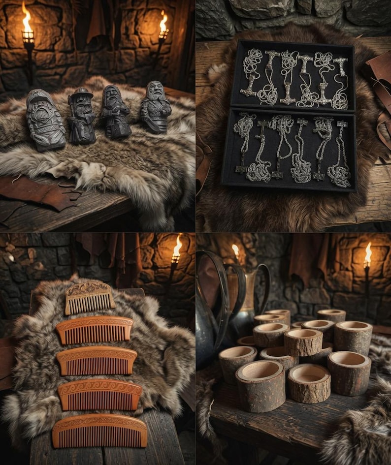 May include: A collection of items including four carved stone-like figurines, a black display box containing multiple silver-toned metal hammer pendants on chains, five wooden combs with decorative carvings, and several cylindrical wooden cups.