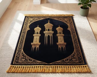Luxury Gold Islamic Prayer Rug Ramadan Eid Gift Mosque Chenille Muslim Salah Mat Black Gold Decor
