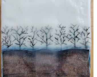 Trees in Encaustic Wax, Archival Ink Trees with Cotton Paper ground.