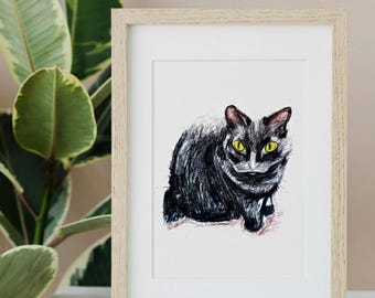 木炭で描いた黒猫の絵、ペット愛好家のための印刷可能な壁アート