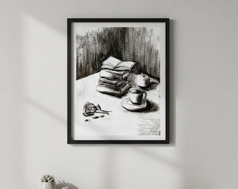 Dibujo de bodegón al carboncillo, arte mural de Dark Academia, impresión vintage (descarga digital)