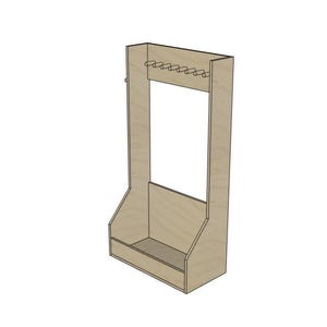 May include: A light-coloured wooden coat rack with a rectangular frame and a lower shelf. The top section features a row of small pegs for hanging items. The design is simple and modern, suitable for entryways or bedrooms.
