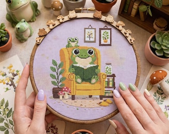 Frog Reading Cross Stitch Pattern: Kawaii Book Lover Frog Embroidery (PDF)