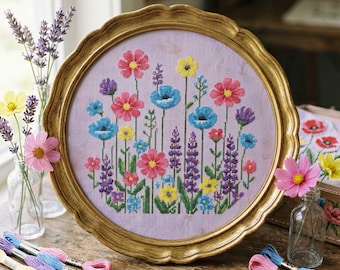 野花のクロスステッチパターン：色鮮やかな春の庭園と草原の刺繍（PDF）