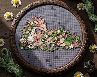 Magical Fantasy Cross Stitch Pattern: Gentle Flower Dragon Protecting Child Embroidery (PDF)